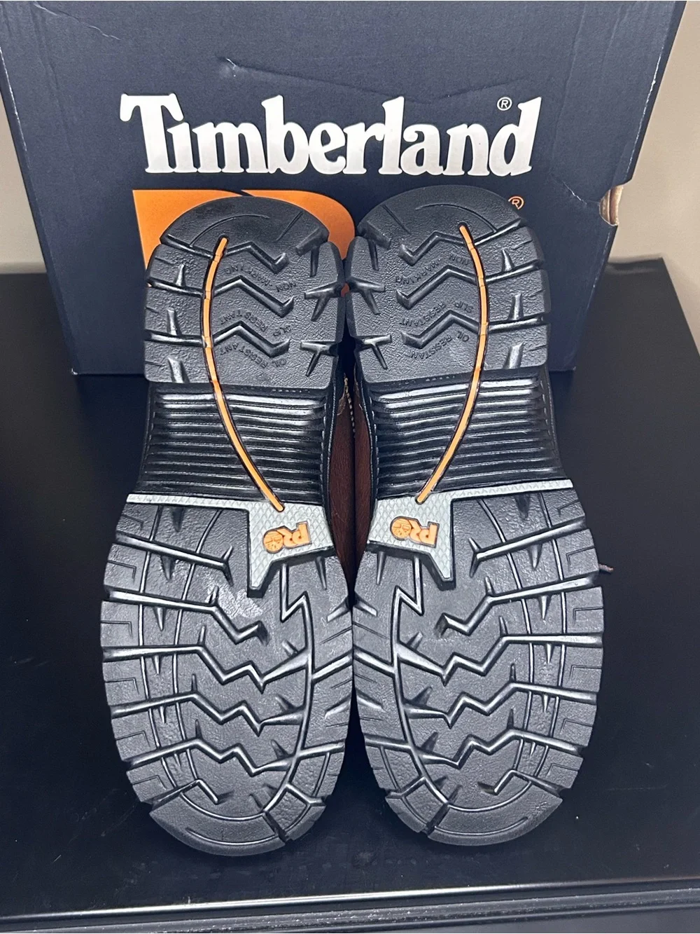 Timberland PRO Men's Brown and Black Leather Work Boots with Orange Accents